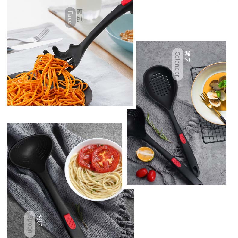 LFGB Kitchen Utensils Set Tools 7pcs includes Pasta Fork Turner Rice Scoop Skimmer Spoon Slotted Turner Soup Ladle Shovel