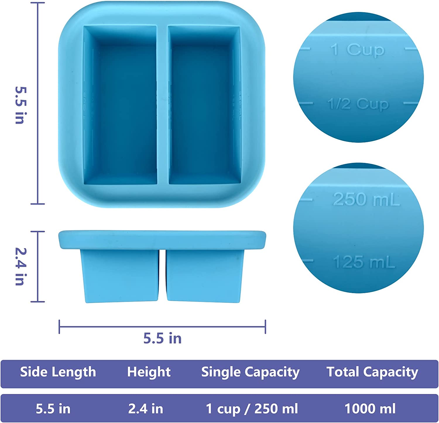 Bandeja de congelación de silicona con tapa Recipiente de congelación de alimentos cuadrados