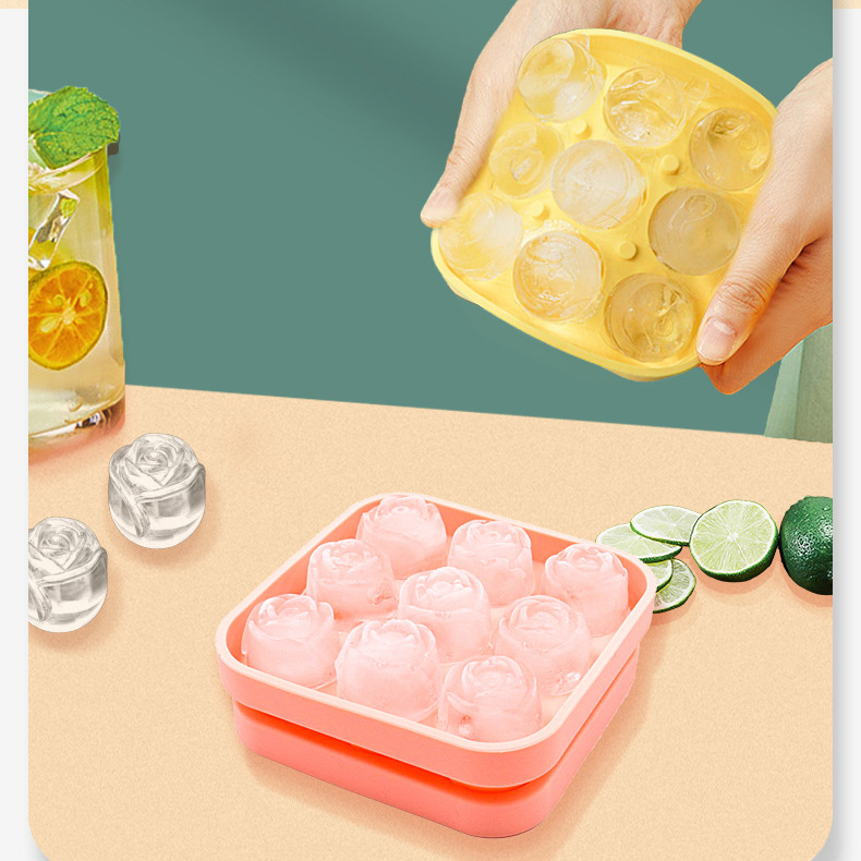 Bandeja de cubitos de hielo de rosa de silicona con tapa fabricante de bolas de hielo personalizado