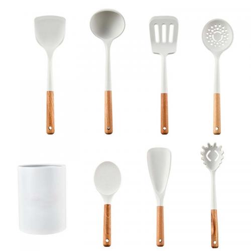 Suministro de fábrica, juego de utensilios de cocina de silicona de 12 piezas, mango de madera blanco jaspeado
